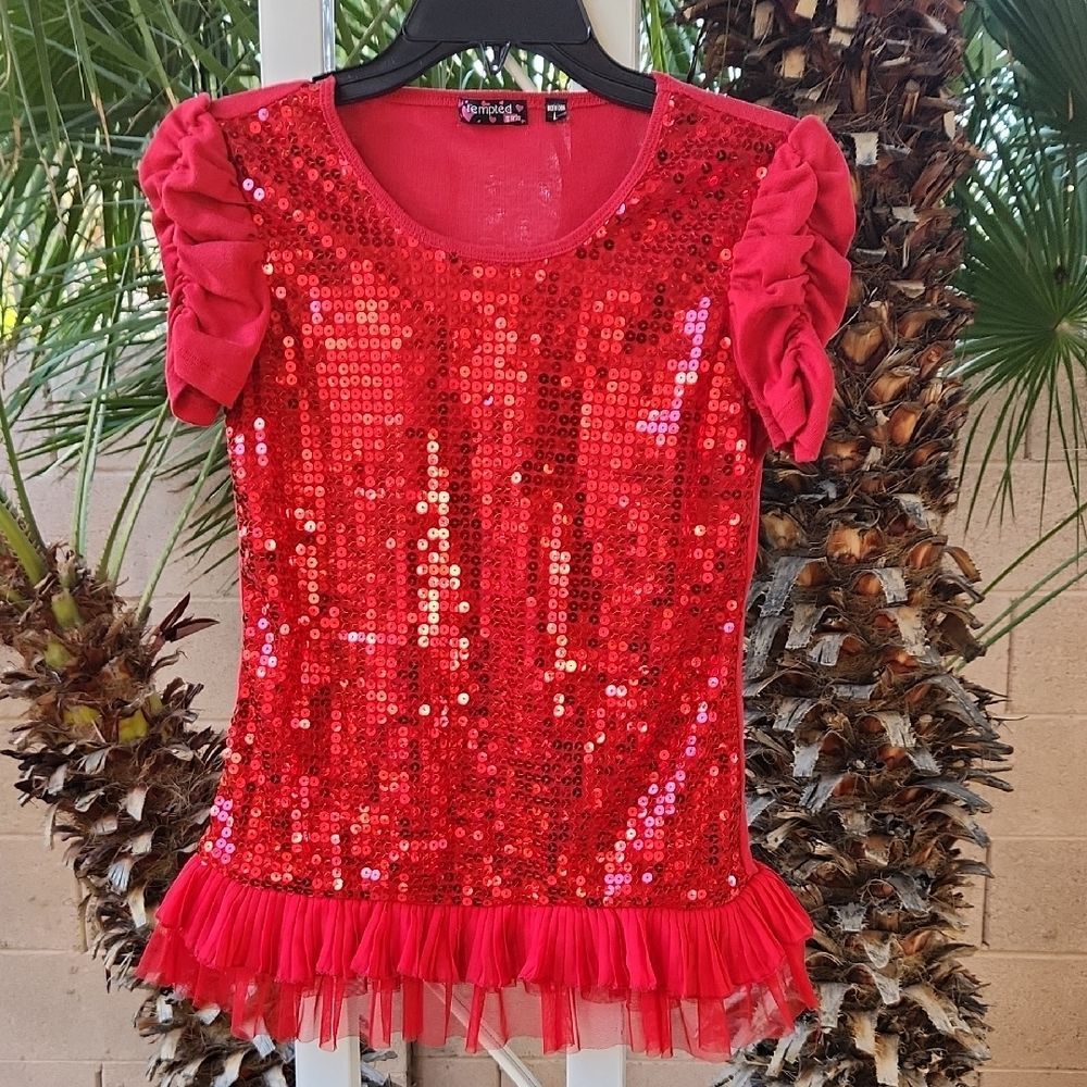 Tempted Red Sequin Ruffled Tunic Top Girls Large
